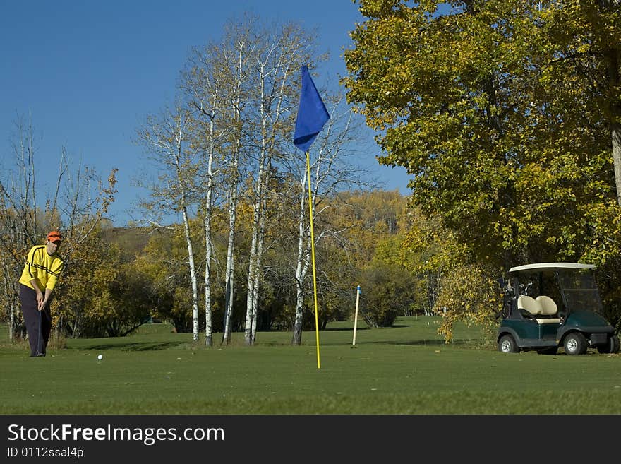 Man putting golf ball towards hole final game of season. Man putting golf ball towards hole final game of season