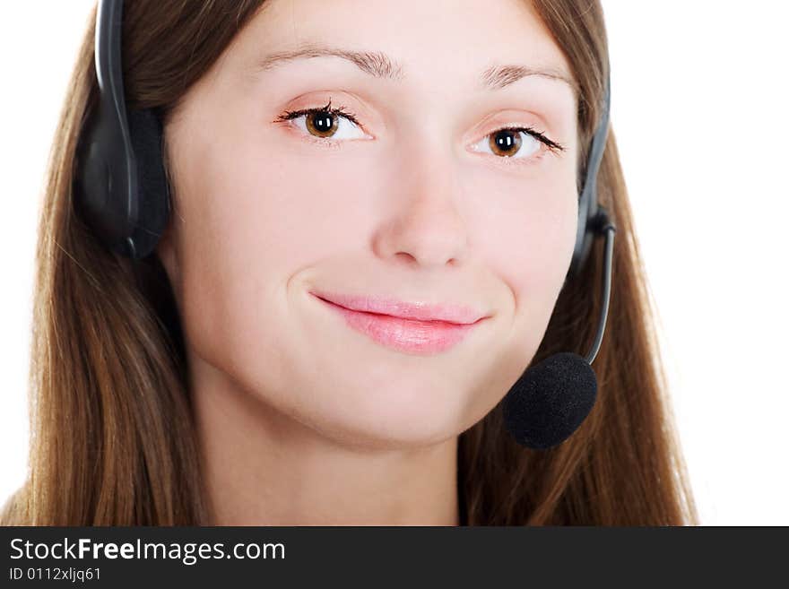 Portrait of a lovely lady with headset on white background. Portrait of a lovely lady with headset on white background