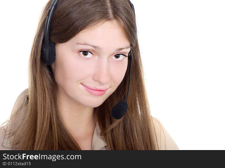 Portrait of a lovely lady with headset on white background. Portrait of a lovely lady with headset on white background