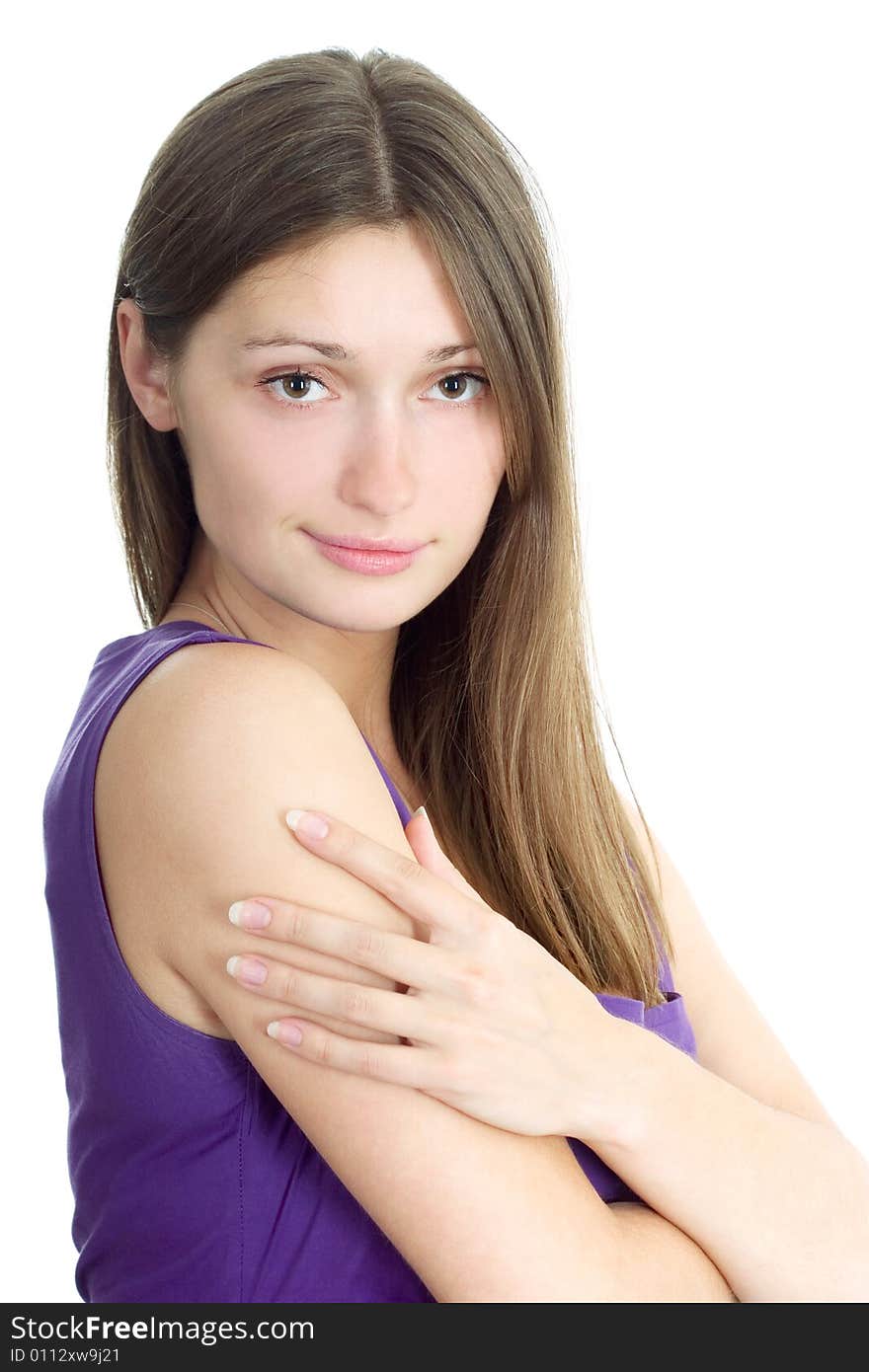 Portrait of a sexy lady in purple dress on white background. Portrait of a sexy lady in purple dress on white background