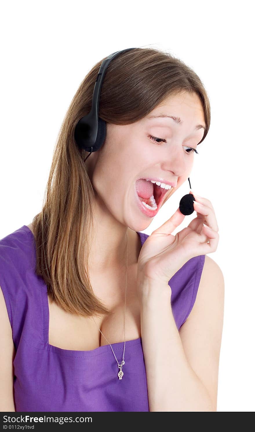 Portrait of a lovely lady with headset shouting on white background. Portrait of a lovely lady with headset shouting on white background