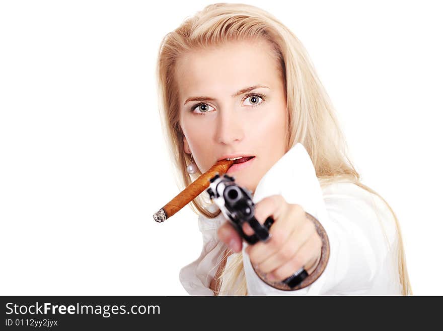 Cute Blonde With Gun And Cigar