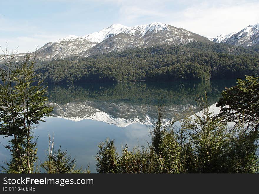 Reflected mountains between forest