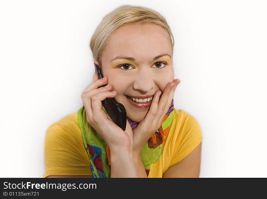 Smiling woman using mobile phone