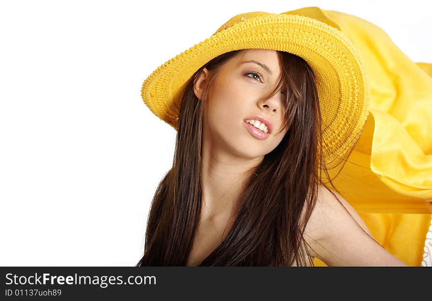 Sexy girl in yellow hat and bikini