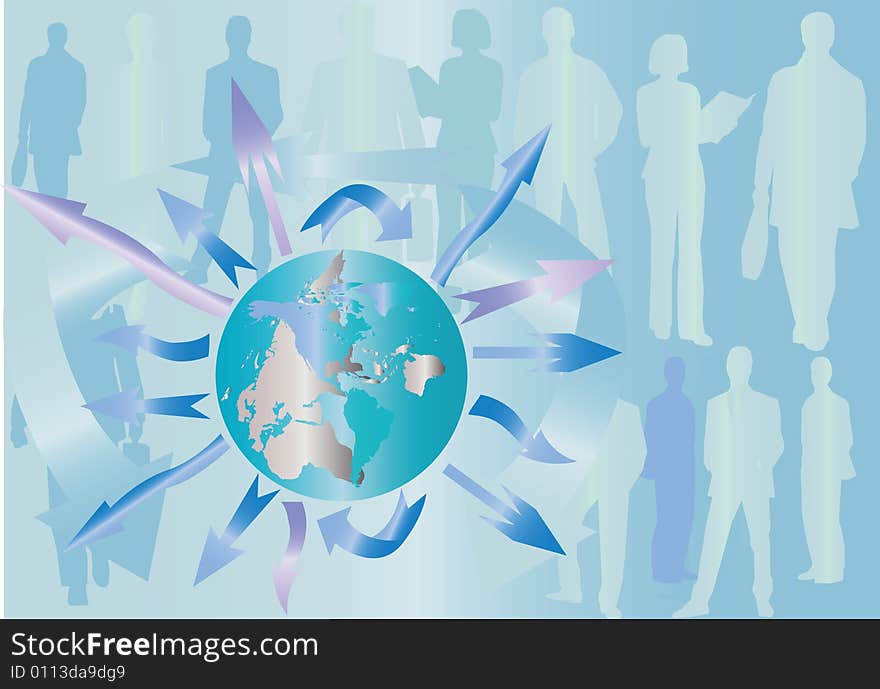 Abstract background in light blue tones with the continent outlines, arrows and people silhouettes. Abstract background in light blue tones with the continent outlines, arrows and people silhouettes