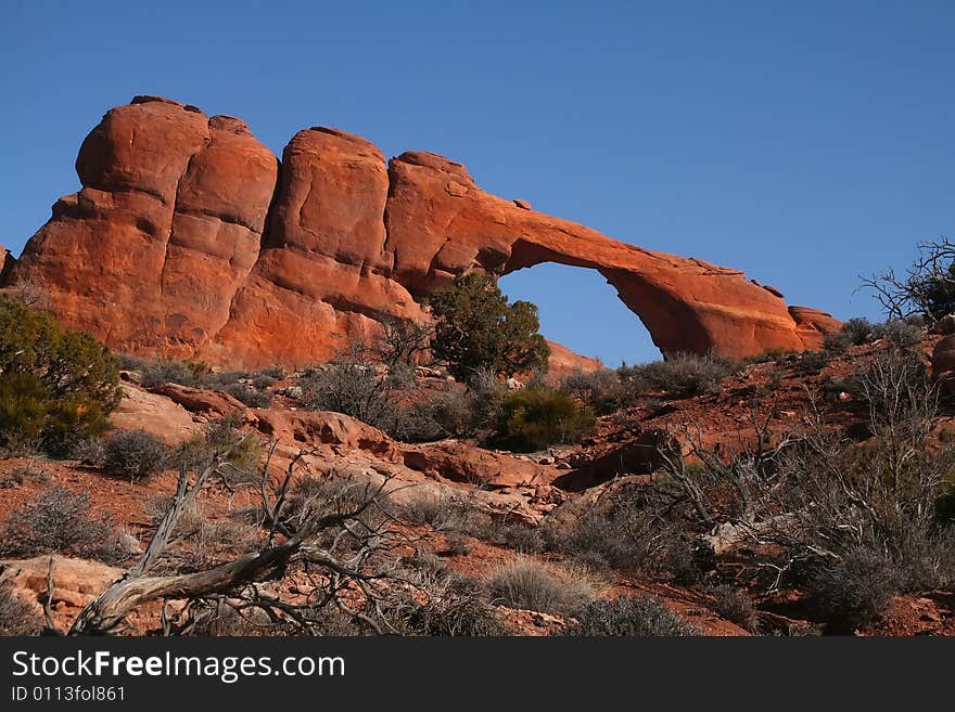 View of the red rock formations in Arches National Park with blue sky�s. View of the red rock formations in Arches National Park with blue sky�s