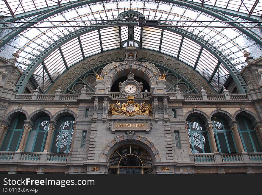 Ancient Clock In Antwerp Railway Station