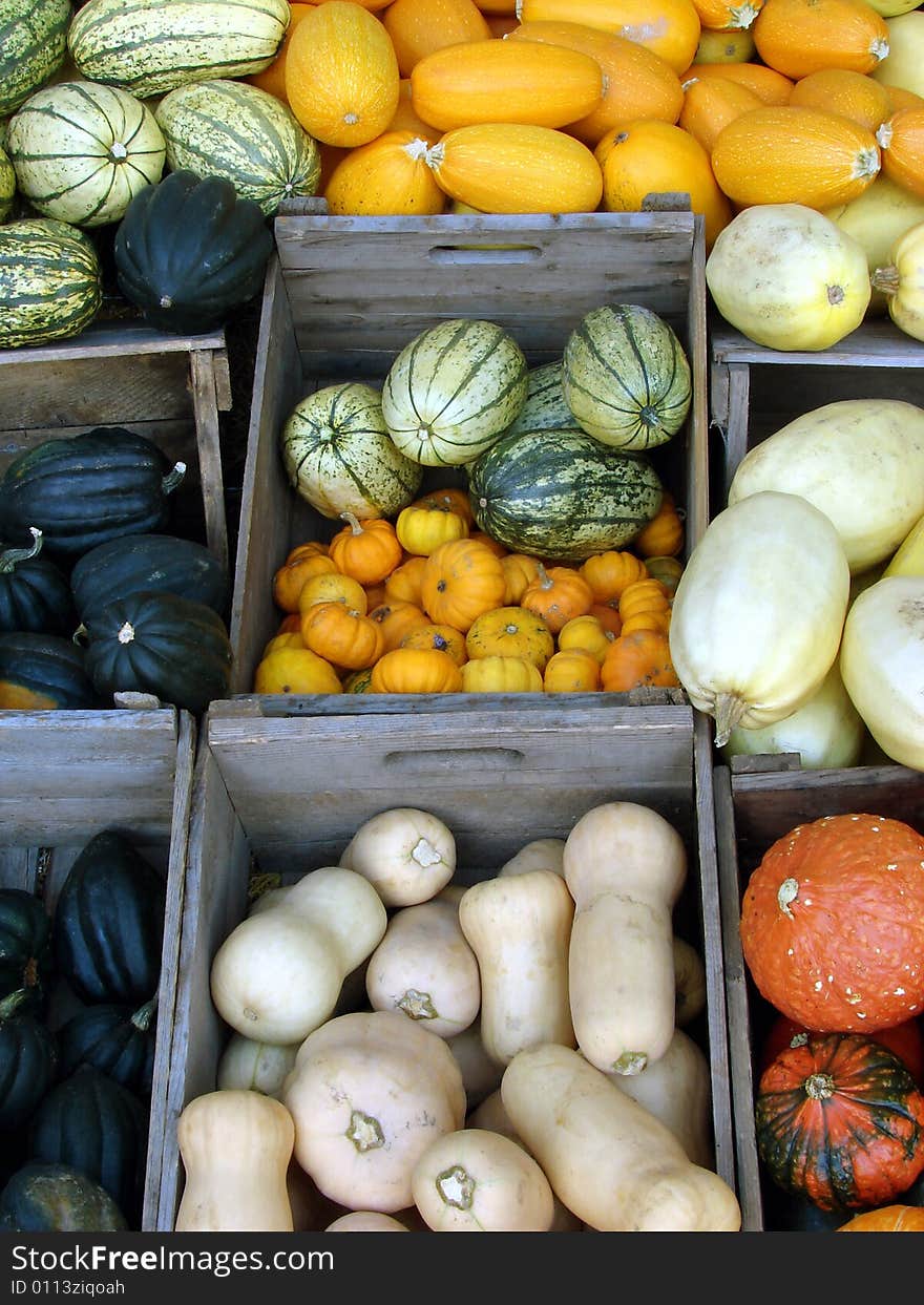 Squashes in wooden boxes at the market. Squashes in wooden boxes at the market