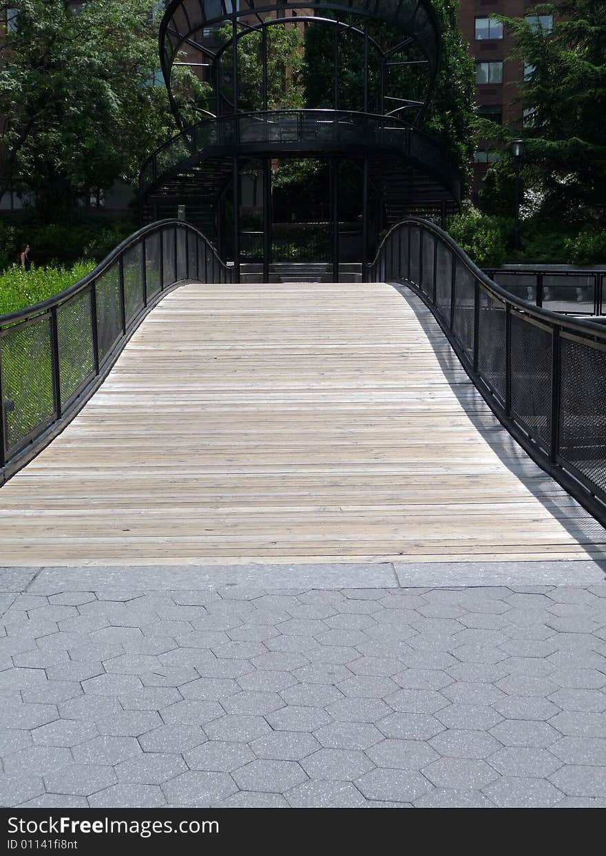 A wooden bridge path in Battery Park Manhattan