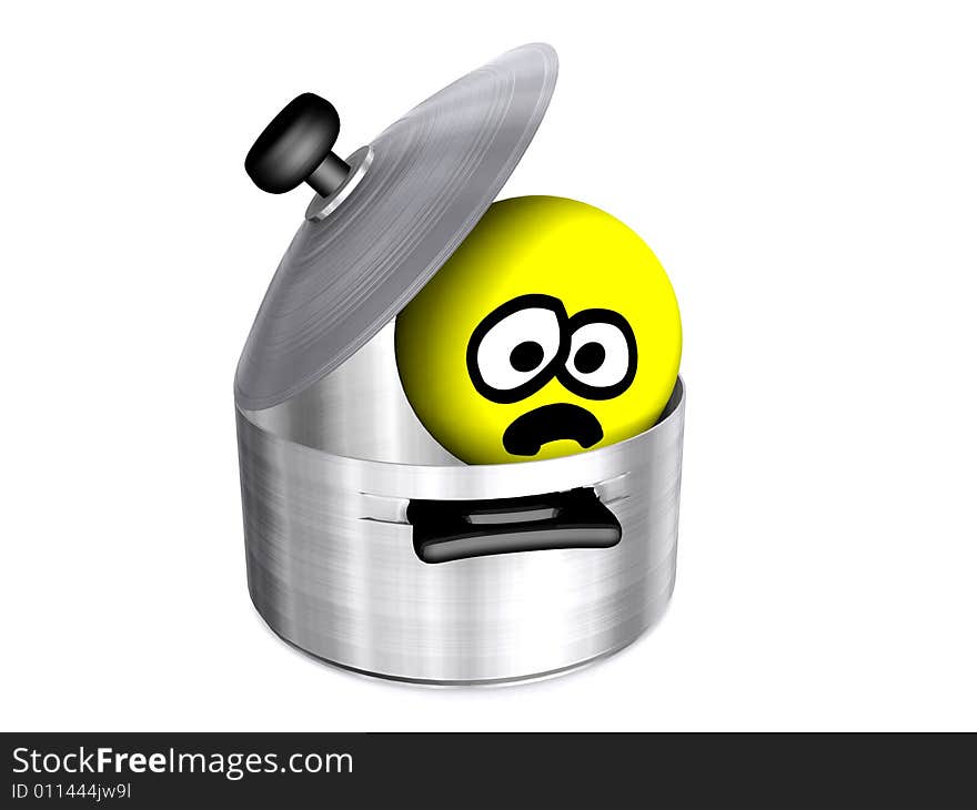 The scared little man tries to get out of a saucepan. The scared little man tries to get out of a saucepan