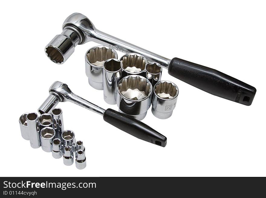 Set of chromeplated wrenches, on a white background