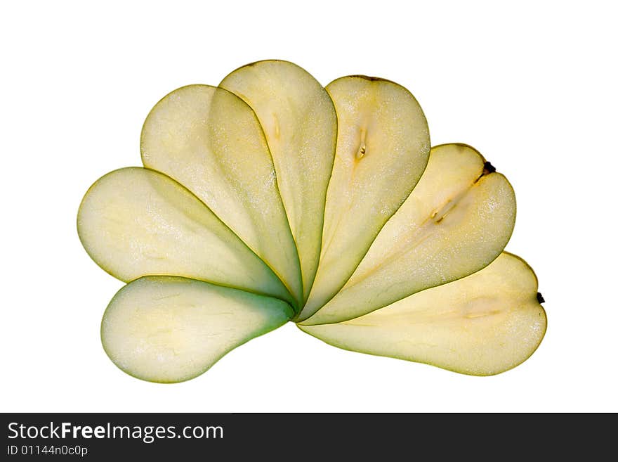 The pear is cut thin, stacked as a flower. The pear is cut thin, stacked as a flower