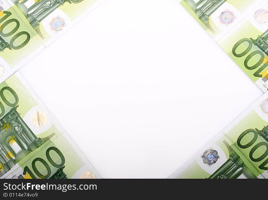 The one hundred euros banknotes used as a frame, with empty space. The one hundred euros banknotes used as a frame, with empty space.