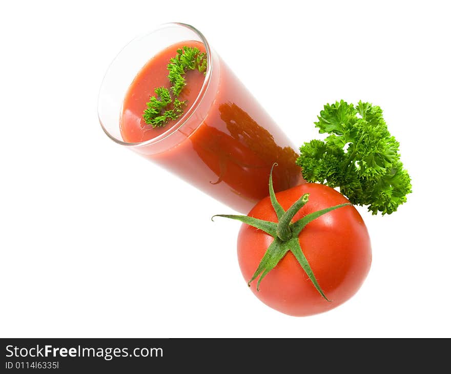 Tomato juice, tomatos and parsley leaves. Wholesome drink and nourishment. Dieted drink.