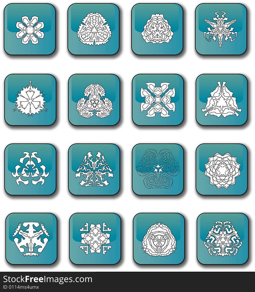 A scalable illustration of a set of blue glossy snowflake icons. A scalable illustration of a set of blue glossy snowflake icons.