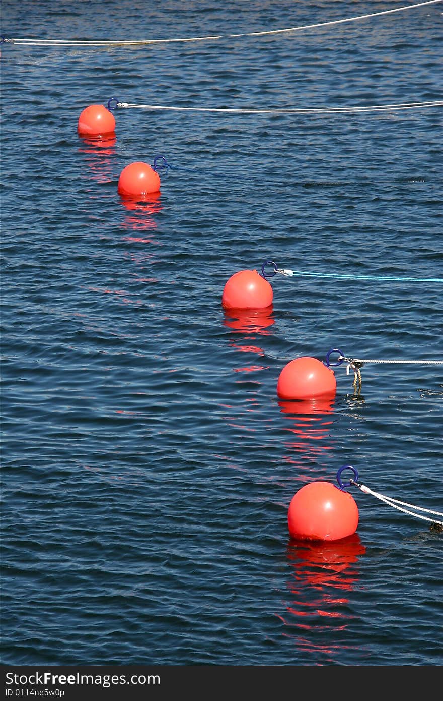 Buoys for small boats. Five orange balls floating in the water