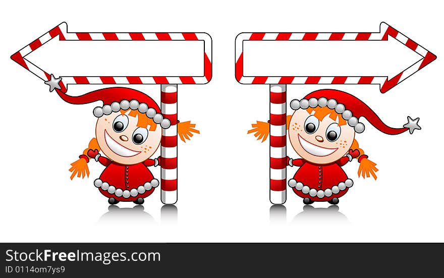 Vector cute Santa helper girl with arrows for your text. Vector cute Santa helper girl with arrows for your text