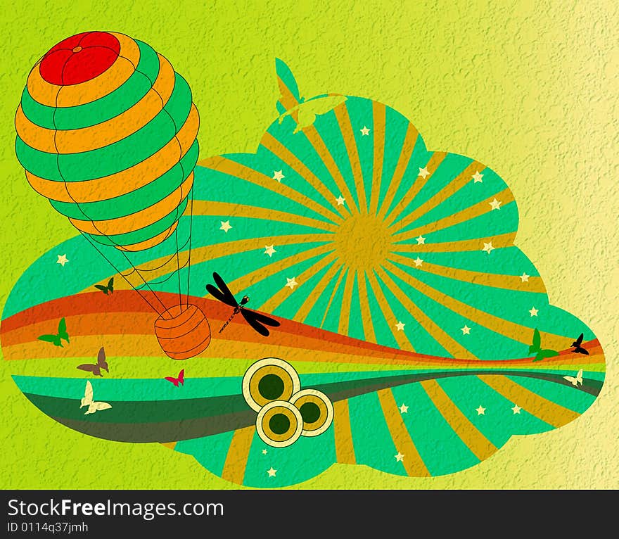 Abstract colored illustration with hot air balloon, distorted rainbow, small stars, dragonfly and butterflies. Abstract colored illustration with hot air balloon, distorted rainbow, small stars, dragonfly and butterflies