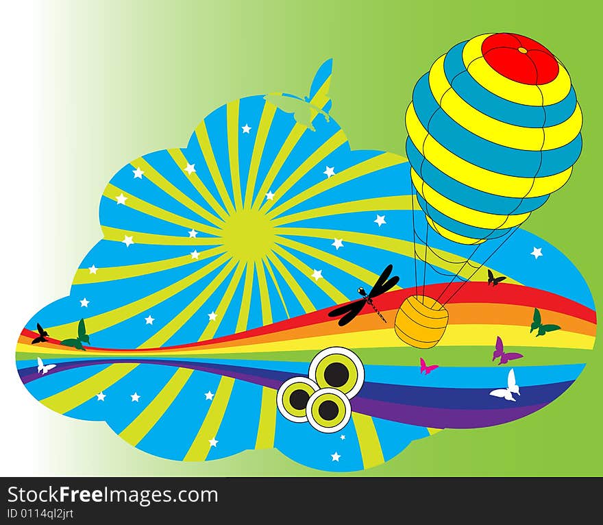 Abstract colored background with hot air balloon, distorted rainbow, small stars, dragonfly and butterfly shapes. Abstract colored background with hot air balloon, distorted rainbow, small stars, dragonfly and butterfly shapes