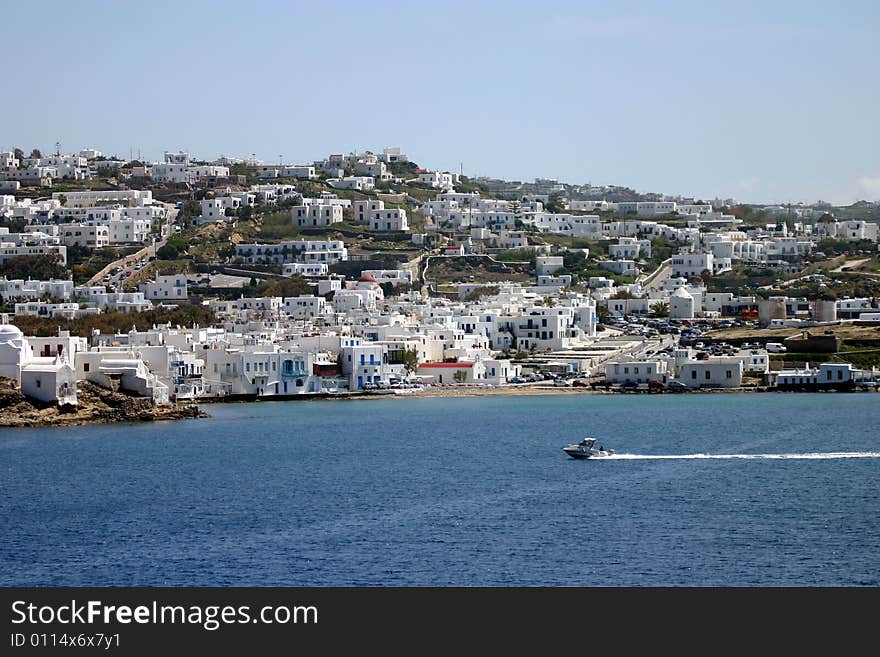 A scenic landscape of a village on Mykonos, a Greek Island. A scenic landscape of a village on Mykonos, a Greek Island.