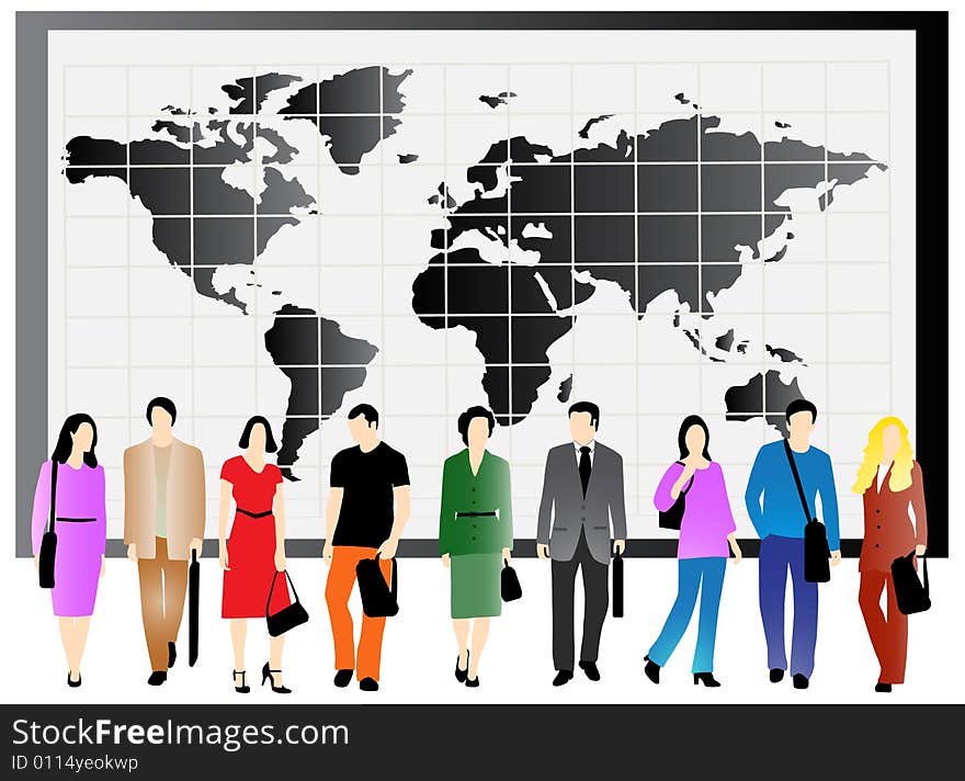 Illustration of business people and map