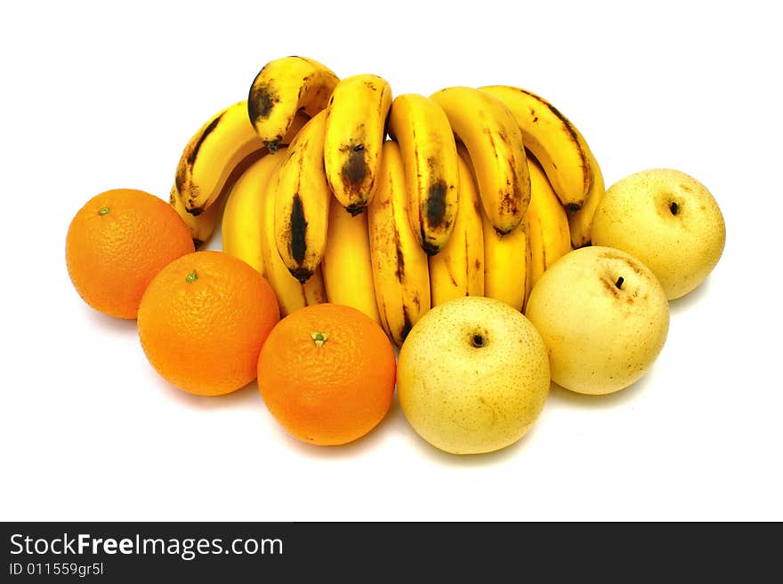 Bananas, oranges and nashi pear on white background. Bananas, oranges and nashi pear on white background.