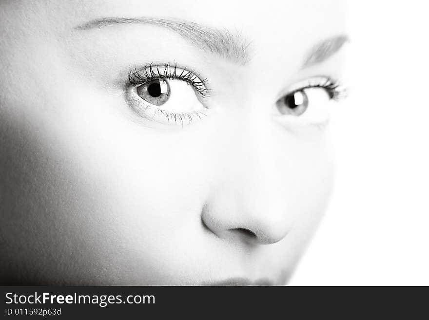 Portrait of a cute lady in monochrome on white background. Portrait of a cute lady in monochrome on white background