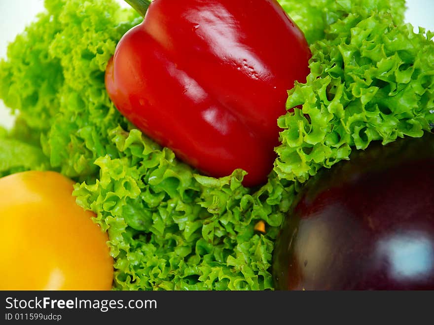 Salad Leaves with Red Pepper, Yellow Tomato and Eggplant. Salad Leaves with Red Pepper, Yellow Tomato and Eggplant