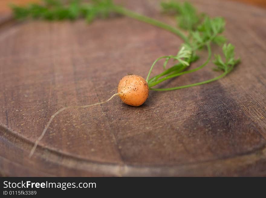 Baby carrot on a chopping board, shallow DOF, focus on carrot