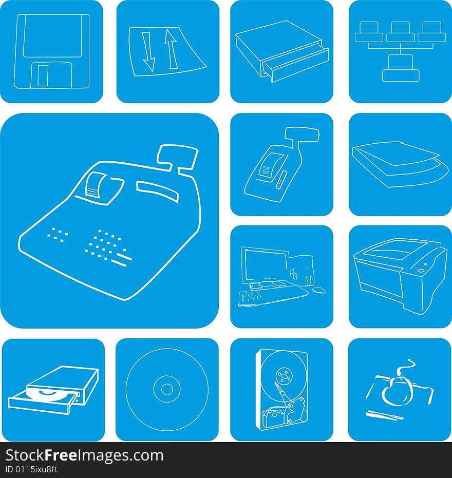 Computer Icon Set - printer, cash register, cd, scanner, arrows, network