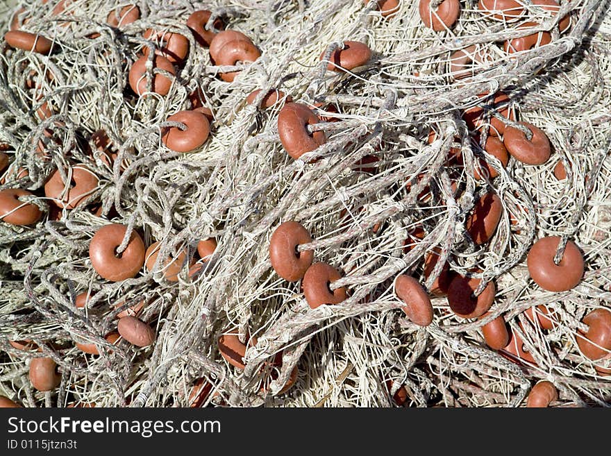 Heap of fishing nets close up