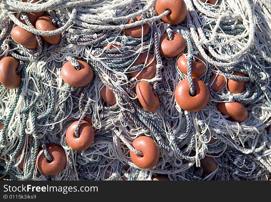 Heap of fishing nets close up