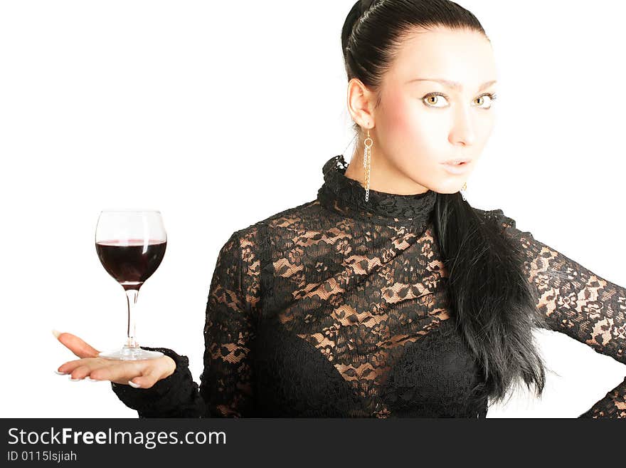 Portrait of a cute brunette holding a glass of red wine on white background. Portrait of a cute brunette holding a glass of red wine on white background