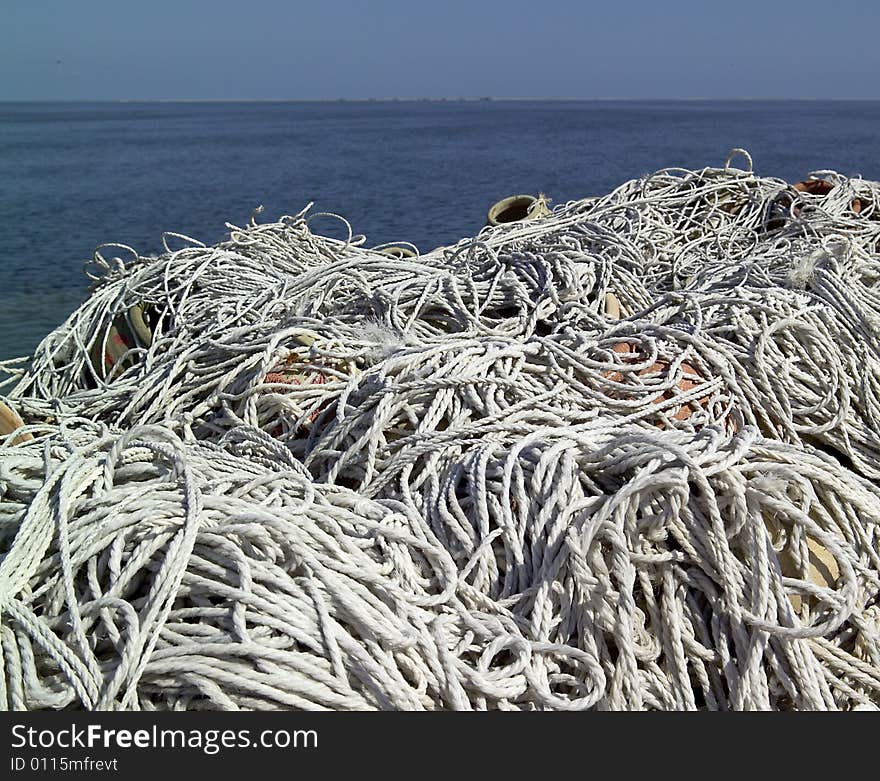 Heap of fishing nets close up