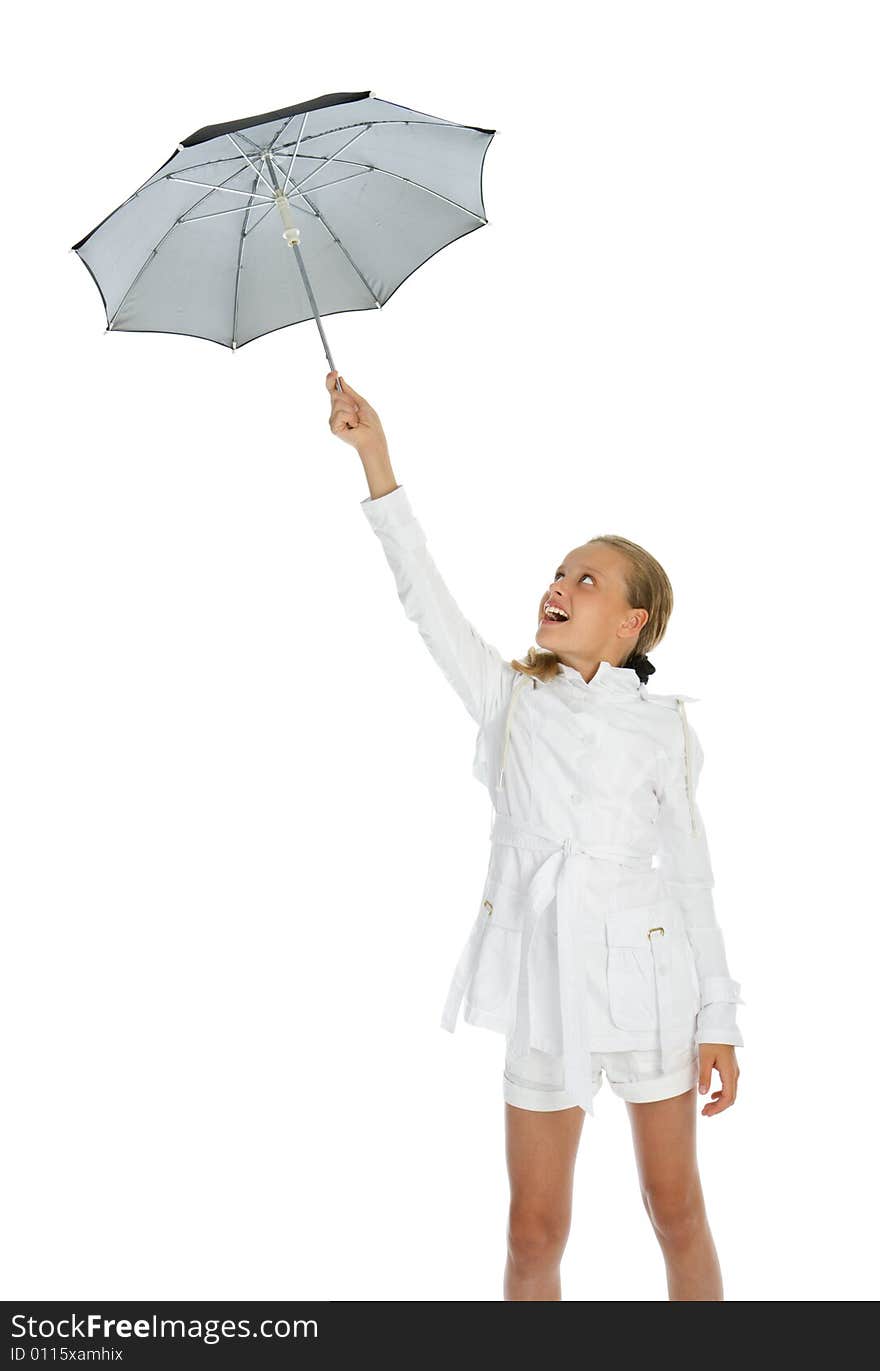 Happy teen girl with umbrella isolated on white