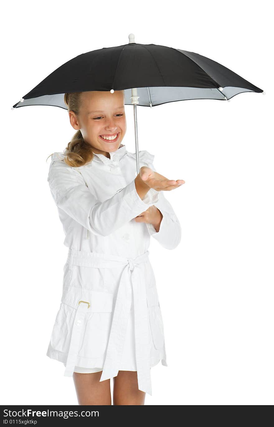 Happy teen girl with umbrella isolated on white