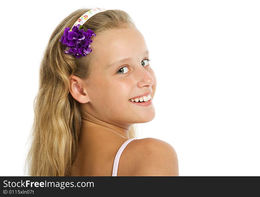 Close-up portrait of pretty young girl isolated on white