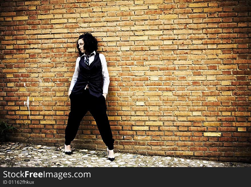 Young woman posing on a brickwall. Young woman posing on a brickwall.