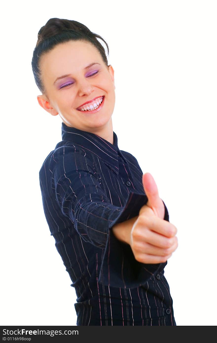 Cheerful businesswoman showing thumbs up