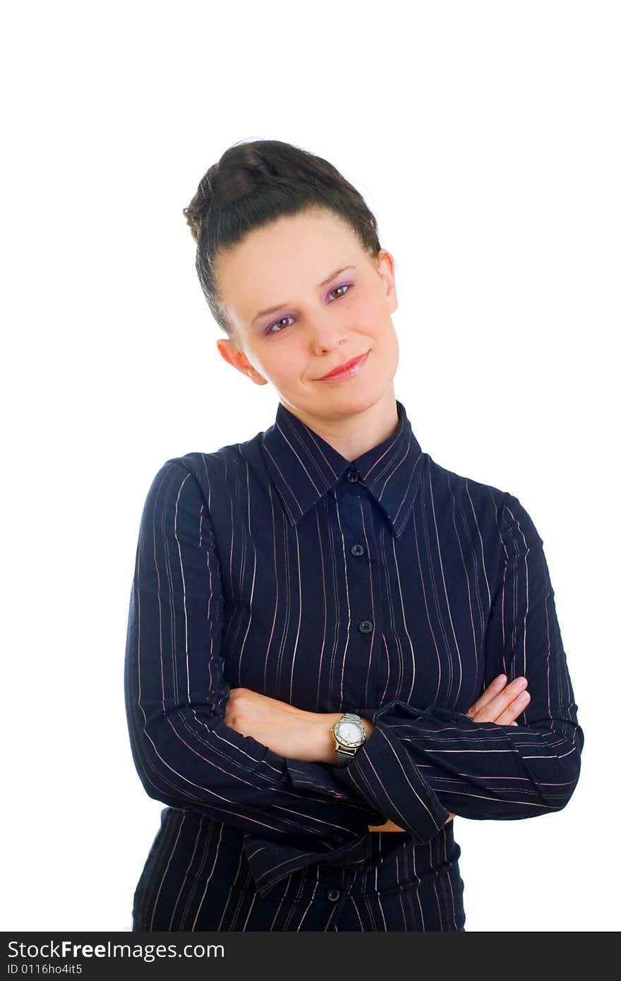 Young businesswoman in black shirt standing, isolated on white background