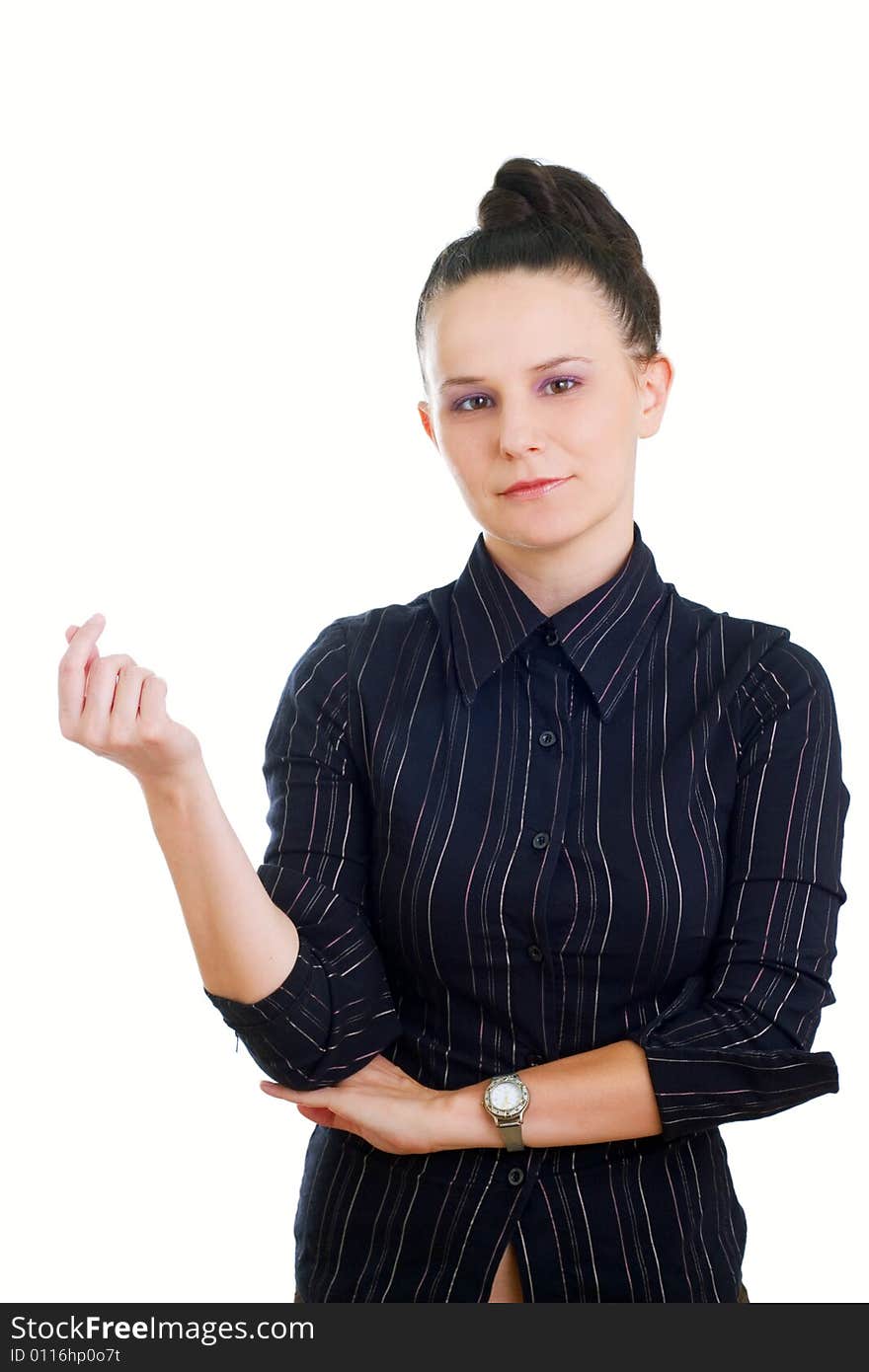 Young businesswoman in black shirt standing, isolated on white background