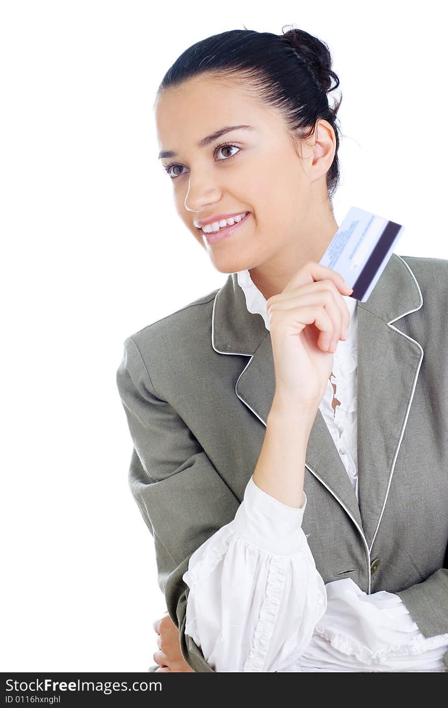 Young businesswoman holding credit card