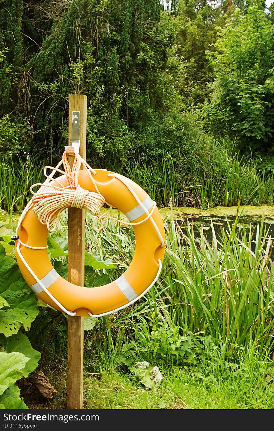 A floatation ring provides a safe environment at the side of a lake. A floatation ring provides a safe environment at the side of a lake