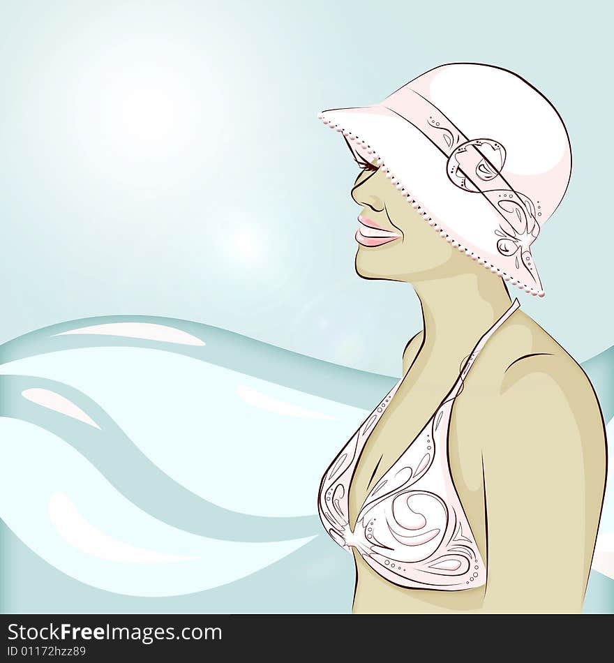 Woman in pink bikini and a hat with blue background