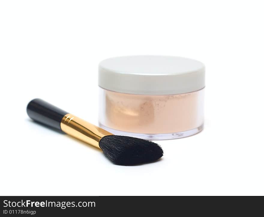 Cosmetic Powder In Jar And Brush Isolated On White