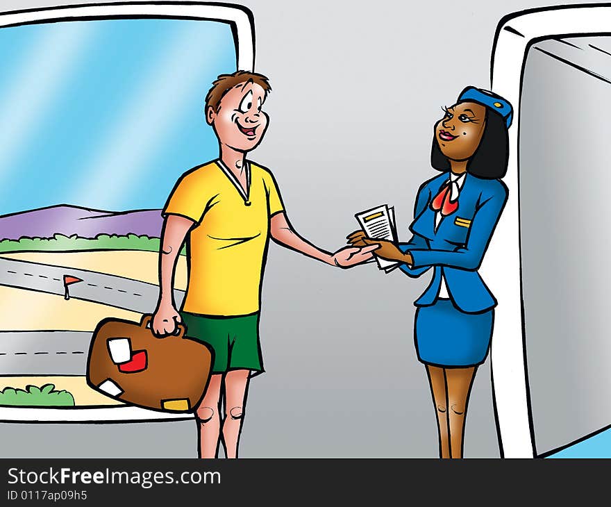 Cartoon illustration of man boarding an airplane