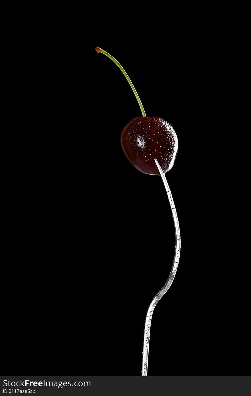 Wet cherry with fork over black background, refined curves design