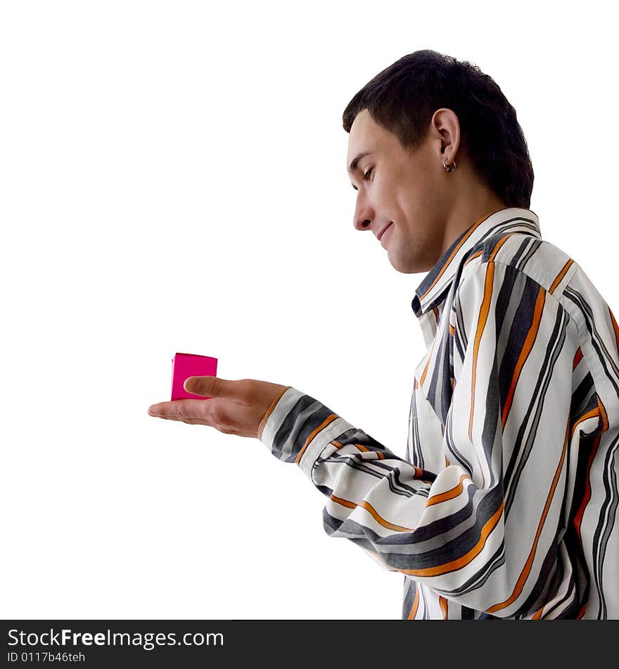 Man looks at pink box, there are isolated on white background. Man looks at pink box, there are isolated on white background