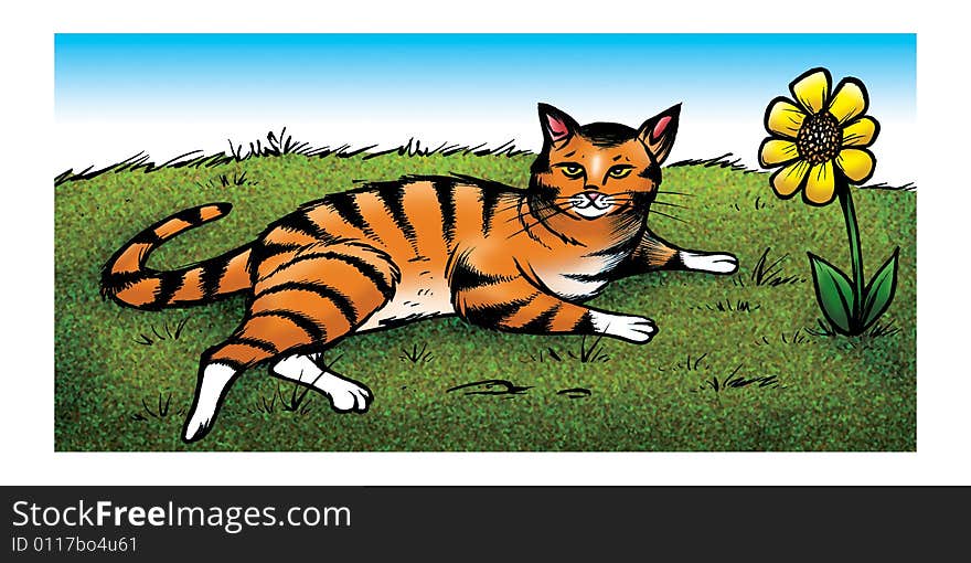 Cartoon illustration of a tabby cat